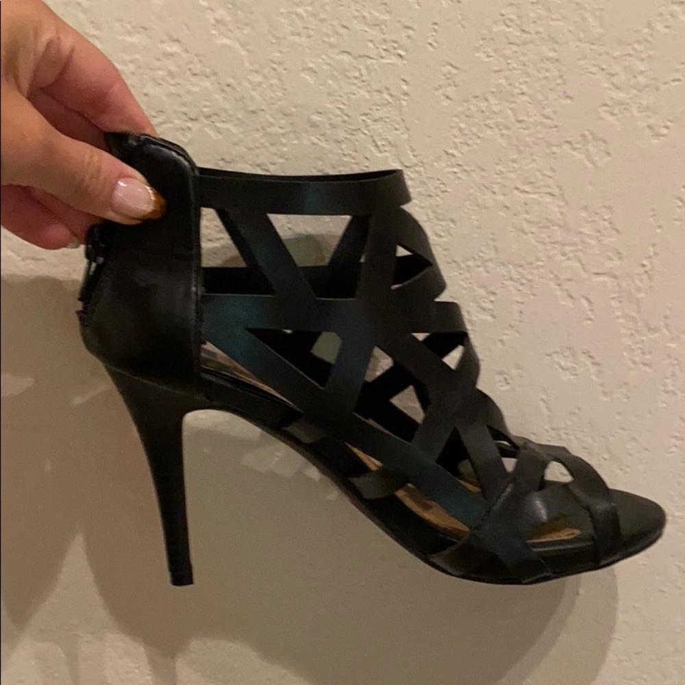 Black cage heels.